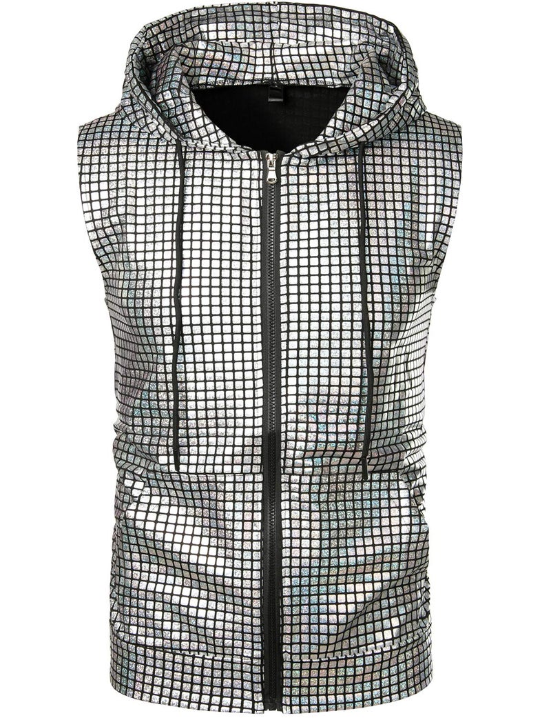 ZEROYAA Mens Hipster Metallic Sequins Zip Up Sleeveless Hooded Vest T Shirt with Kangaroo Pocket ZLSV17 Silver Small - Image 1